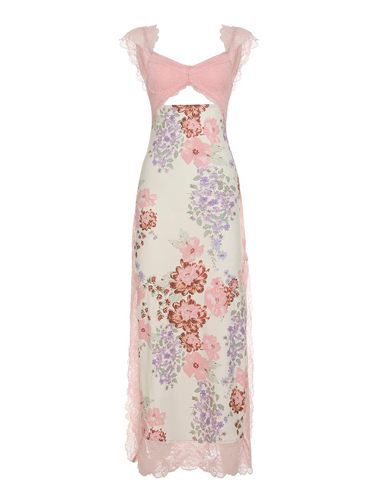 fashion Floral Print Lace Patchwork Dresses Sexy Hollow Out Slits Party Dress Summer Chic Harajuku Vacation Long Outfits