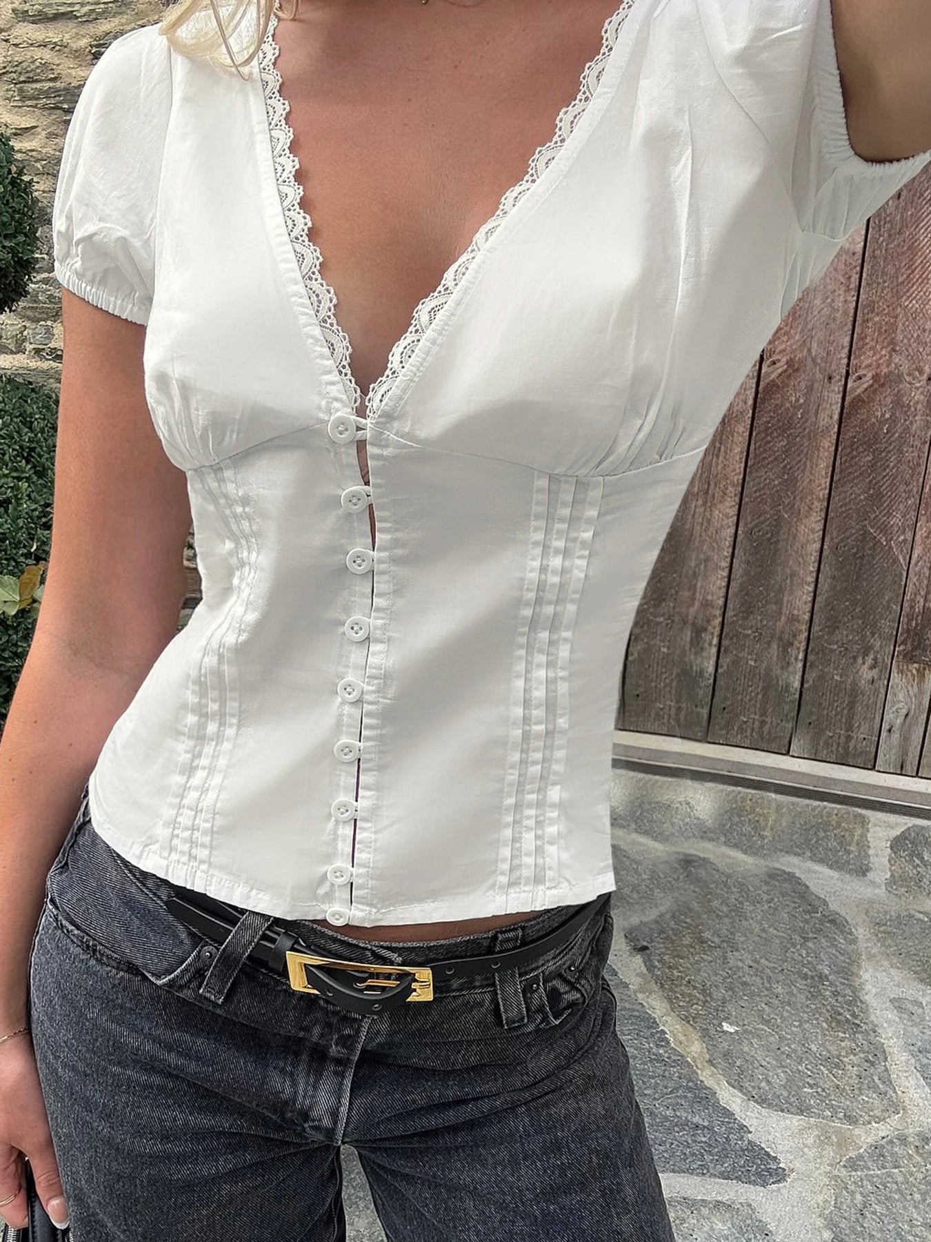 fashion Lace Patchwork Solid Blouses for Women Single-breasted Fashion Slim Clothes Streetwear V-neck Short Sleeves Tops