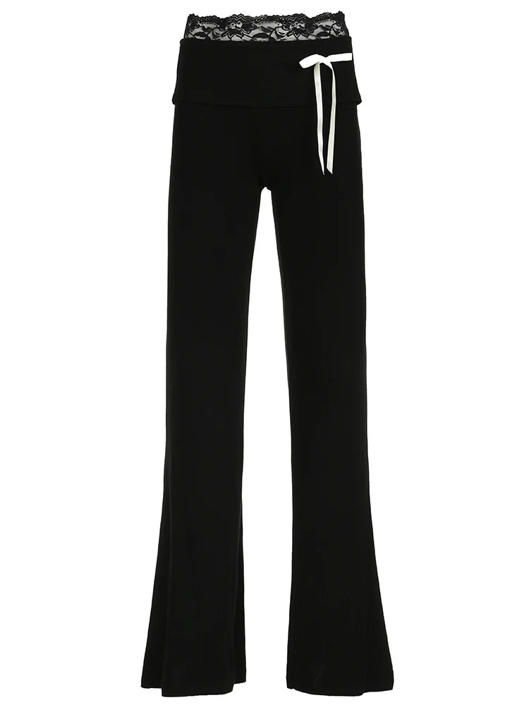 fashionLace Patchwork Bow Straight Pants Y2K Fashion Aesthetic Cute Trousers Harajuku Streetwear Joggers 2000s Bottoms