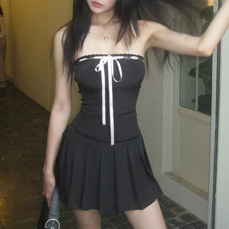 fashion Cute Patchwork Mini Dresses for Women Off Shoulder Chic A-line Party Dress Fashion Lace-up Black Summer Clothes