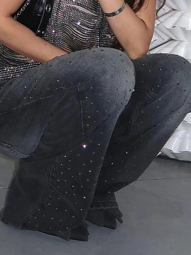 fashion Vintage Rhinestone Loose Jeans Fashion Low Waisted Pockets Zipper Pants Harajuku Chic Streetwear Bottoms for Women