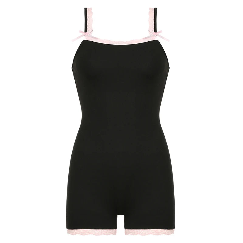 fashion Lace Patchwork 90s Rompers for Women Sexy Slim Bodycon Jumpsuits Cute Korean Clubwear Women's Outfits Overalls