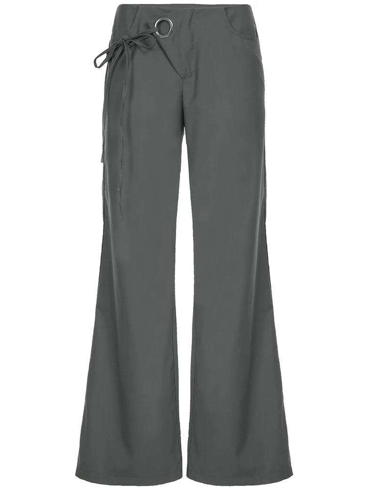 fashionLace Up Loose England Style Trousers Fashion Low Waisted Solid Pants Vintage Aesthetic Leisure Bottoms for Women