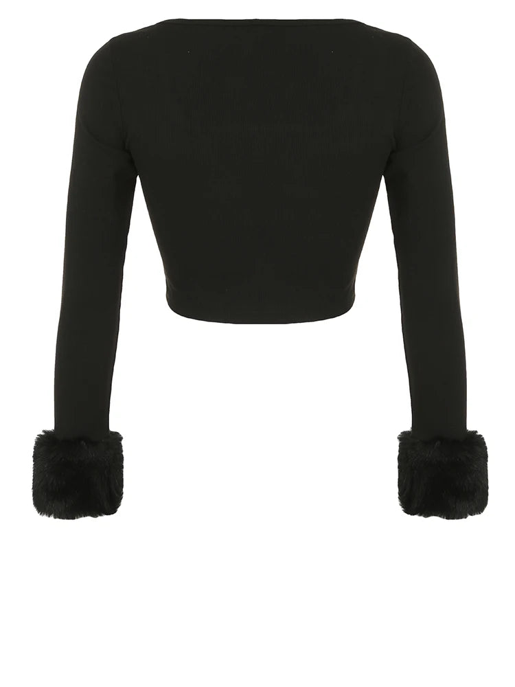 fashion Square Collar Y2K Tee Shirts Chic Casual Crop Tops Vintage Streetwear Long Sleeves Fur Cuff Slim Kintted Clothes