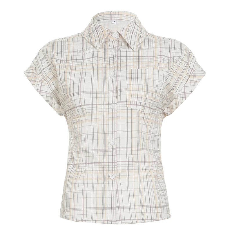 fashion Basic Plaid Print All-match Blouses Casual Retro Vintage Streetwear 90s Tops Baggy Button Fashion Lapel Clothings