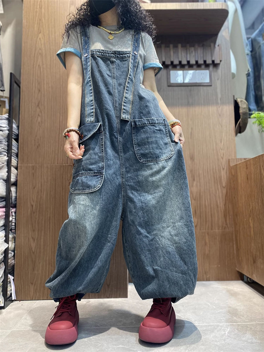 Plus Size Women Spring Artsy Denim Harem Jumpsuits
