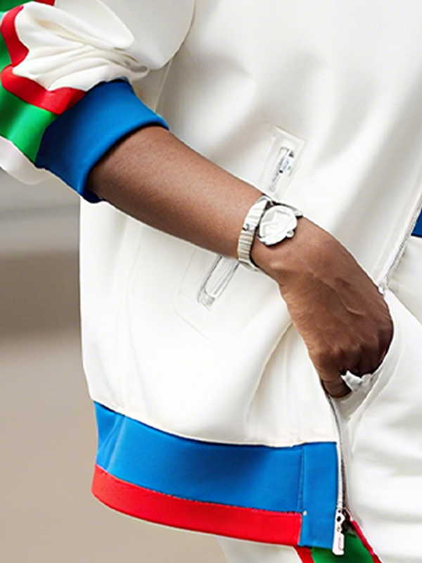 Long Sleeves Loose Contrast Color Striped Zipper Lapel Outerwear