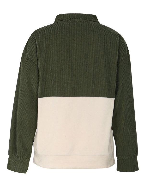 Long Sleeves Loose Buttoned Contrast Color Split-Joint Stand Collar Sweatshirt Tops