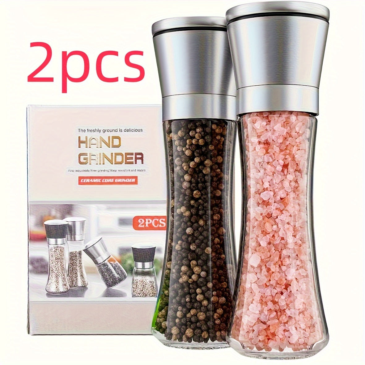 2-Pack Premium Stainless Steel Seasoning Grinder Set - Adjustable Ceramic Design - High Transparency Glass Salt Pepper Grinder - Elegant and practical, enhancing the cooking experience and adding flavor to the kitchen