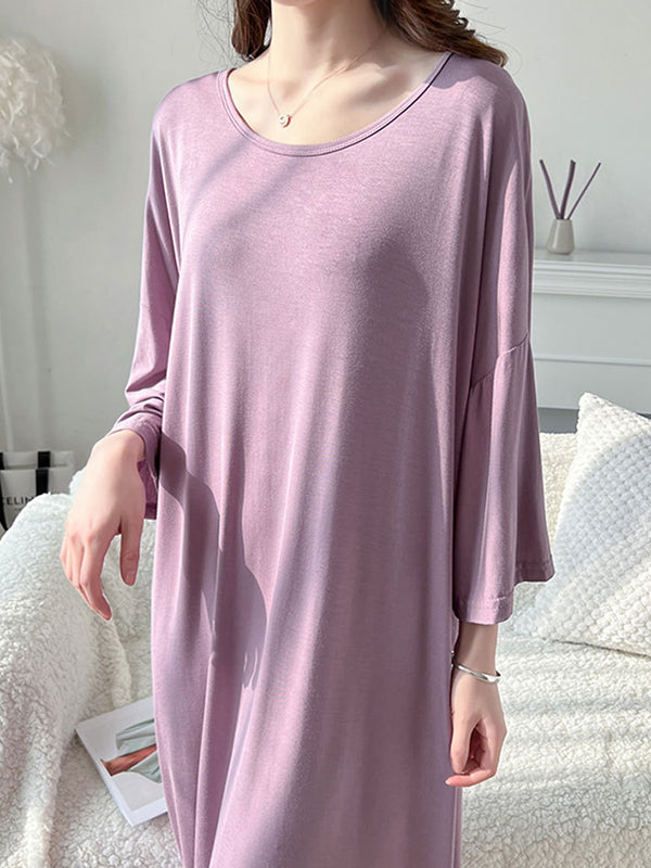 High Waisted Loose Solid Color Split-Joint Round-Neck Pajama Dress