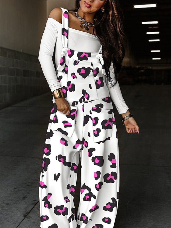 Loose Sleeveless Knot Leopard Pockets Split-Joint Overalls