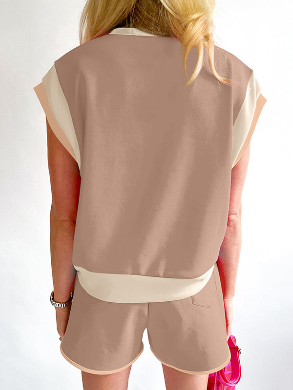 Loose Short Sleeves Contrast Color Split-Joint Round-Neck T-Shirt Top + Elasticity Pockets Shorts Bottom Two Pieces Set
