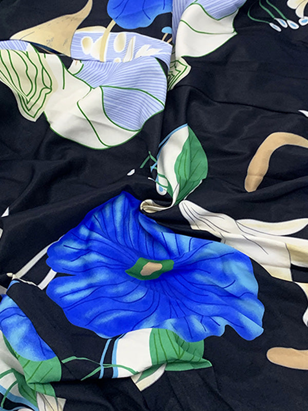 A-Line High Waisted Belted Buttoned Flower Print Lapel Maxi Dresses