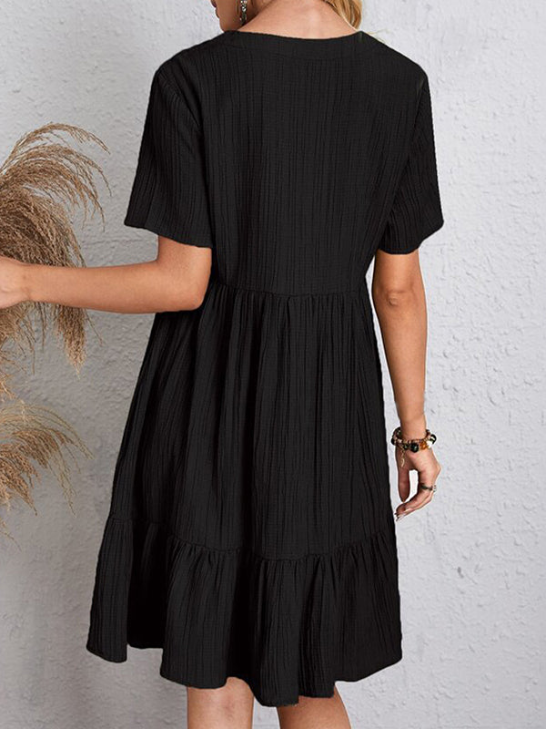 A-Line Loose Pleated Solid Color Split-Joint V-Neck Mini Dresses