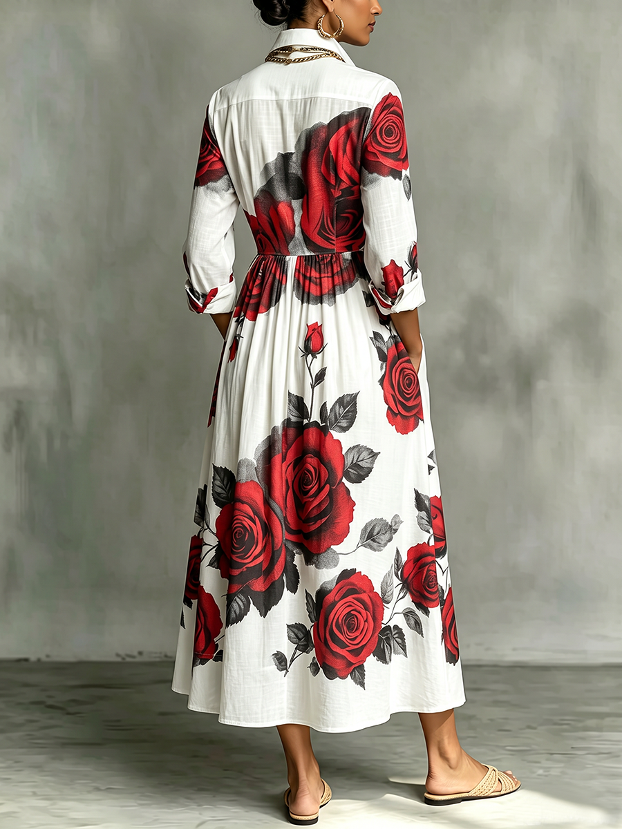 Split-Joint Pockets Pleated Flower Print Contrast Color Buttoned Three-quarter Sleeves Loose Lapel Shirt Dress Maxi Dresses