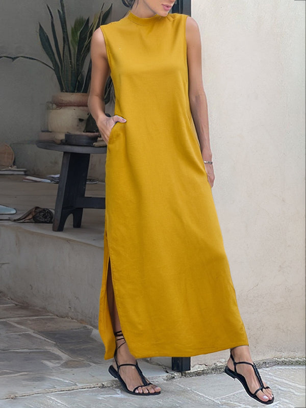 Loose Sleeveless Solid Color Split-Side Mock Neck Maxi Dresses