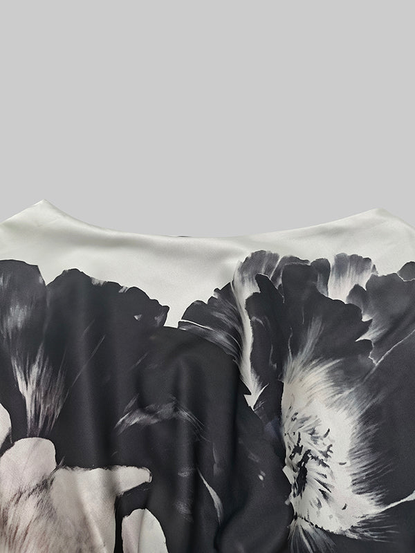 Batwing Sleeves Loose Asymmetric Floral Printed Split-Joint Split-Side One-Shoulder Evening Dresses Maxi Dresses