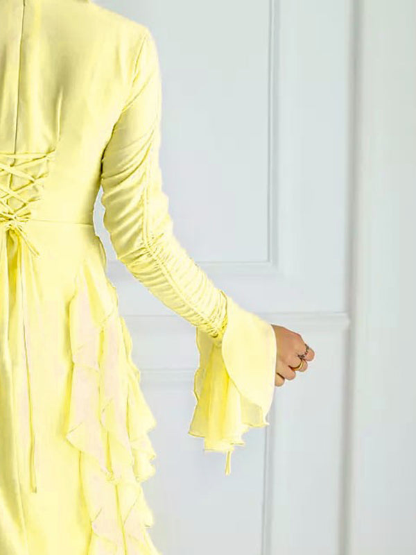 Long Sleeves Loose Falbala Solid Color Round-Neck Maxi Dresses