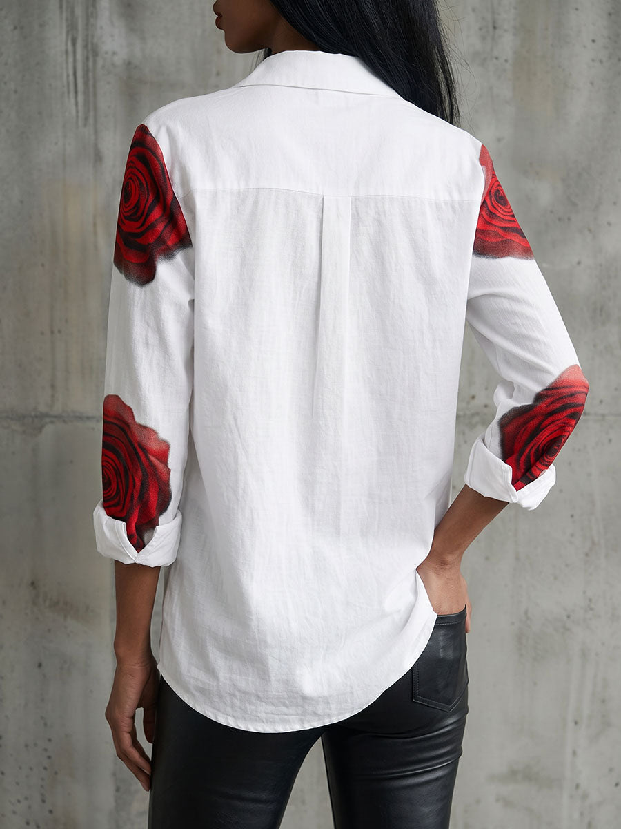 Flower Print Contrast Color Buttoned Loose Long Sleeves Lapel Blouses&shirts Tops