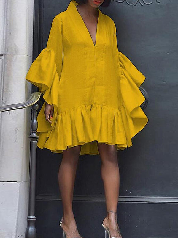 Flared Sleeves Loose Pleated Solid Color Split-Joint V-Neck Mini Dresses
