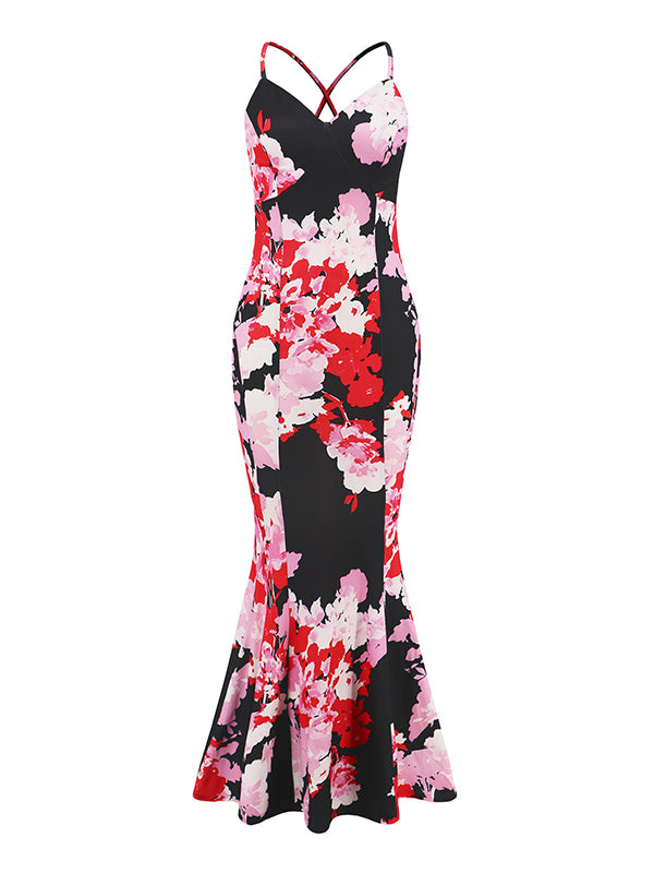 Bodycon Mermaid Flower Print Split-Joint Spaghetti-Neck Maxi Dresses