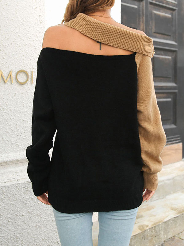 Loose Puff Sleeves Contrast Color Hollow Split-Joint Off-The-Shoulder Sweater