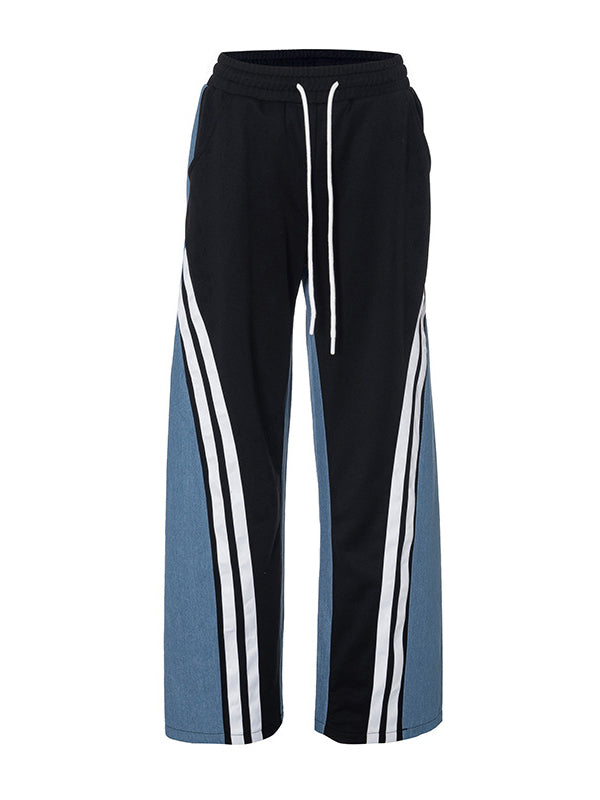 High Waisted Loose Drawstring Elasticity Pockets Denim Split-Joint Pants Trousers