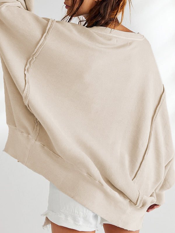 Long Sleeves Loose Fringed Solid Color Split-Joint Split-Side Round-Neck Sweatershirt