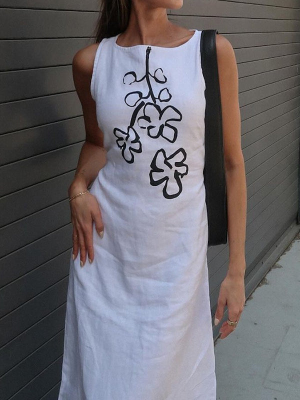 Loose Sleeveless Flower Print Tied Waist Round-Neck Maxi Dresses