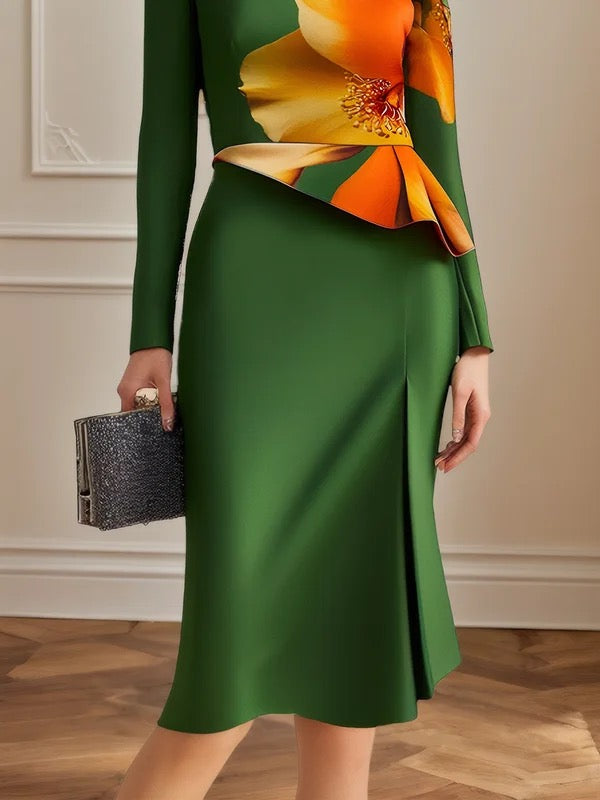 Bodycon Long Sleeves Flower Print Pleated Split-Joint Split-Side Round-Neck Midi Dresses