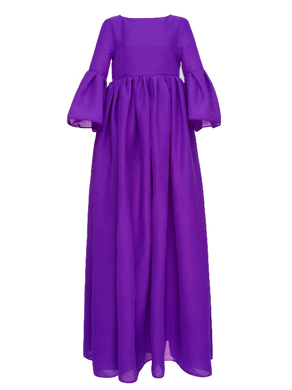 Flared Sleeves Loose Pleated Solid Color Split-Joint Round-Neck Maxi Dresses