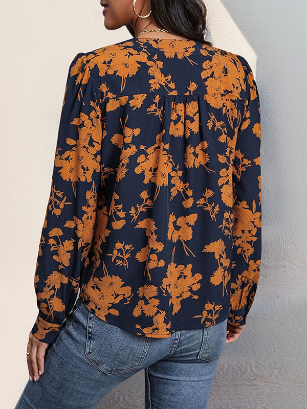 Long Sleeves Loose Flower Print Pleated Split-Joint V-Neck Blouses&Shirts Tops