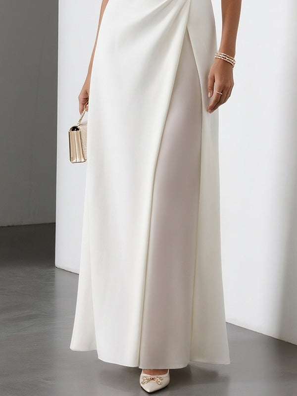 Sleeveless Gauze Pleated Solid Color Split-Joint Round-Neck Evening Dresses Maxi Dresses
