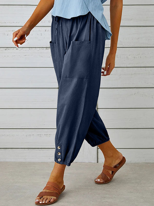 High Waisted Loose Buttoned Drawstring Elasticity Pockets Split-Joint Ninth Pants Trousers