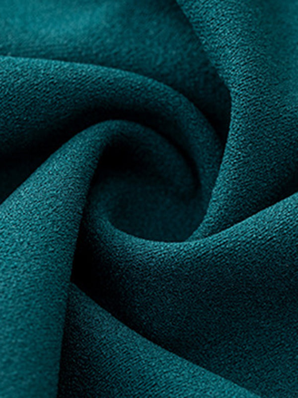 Puff Sleeves Skinny Pleated Solid Color Split-Joint V-Neck Midi Dresses