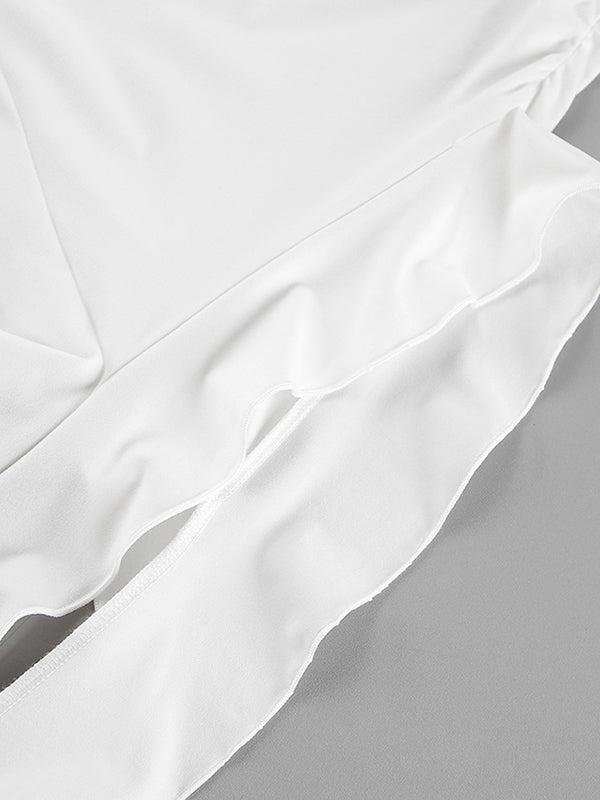 Long Sleeves Skinny Pleated Solid Color Round-Neck T-Shirts Tops