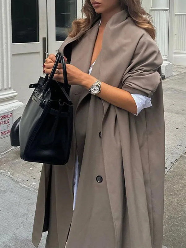 Long Sleeves Loose Buttoned Pockets Solid Color Split-Joint Notched Collar Outerwear Trench Coats