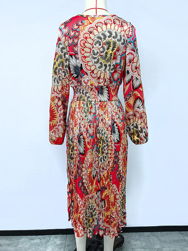 A-Line Bishop Sleeve Elasticity Flower Print Pleated V-Neck Midi Dresses