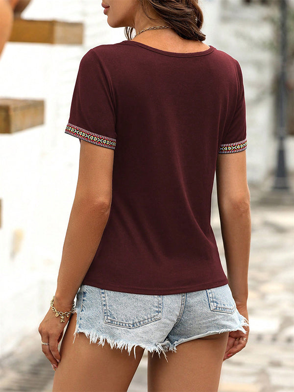 Loose Short Sleeves Contrast Color V-Neck T-Shirts Tops