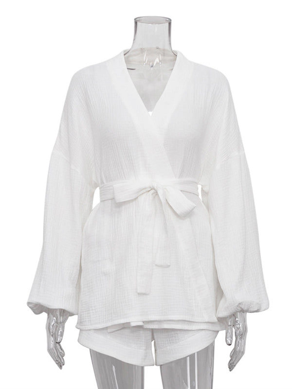 Long Sleeves Elasticity Solid Color Tied Waist V-Neck Blouses Tops + High Waisted Shorts Bottom Two Pieces Set