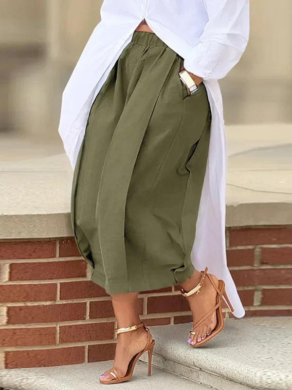 Loose Wide Leg Pleated Pockets Solid Color Pants