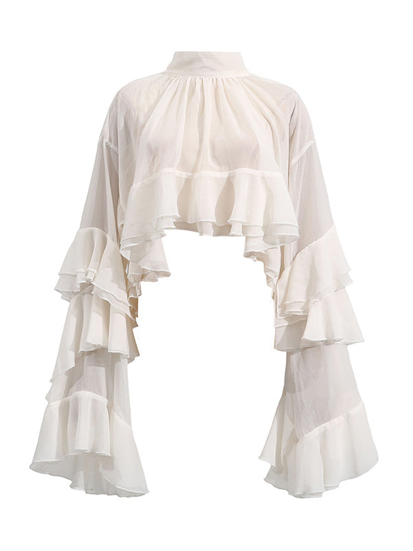 False Two Flared Sleeves Pleated Ruffle Trim See-Through Solid Color Tied Mock Neck Blouses&Shirts Tops