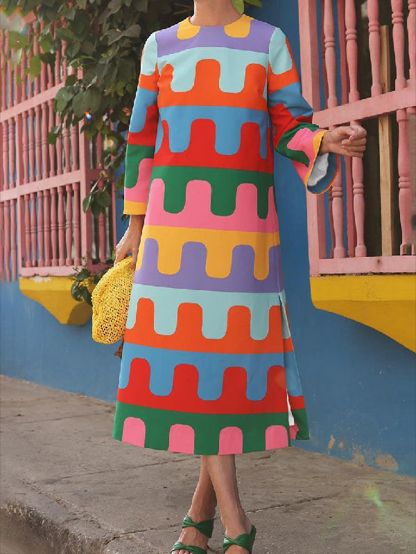 Long Sleeves Loose Printed Split-Side Round-Neck Midi Dresses