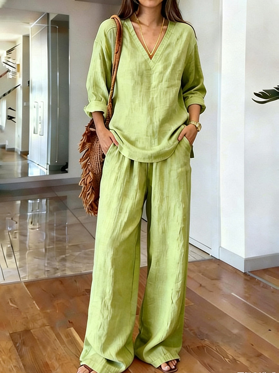 Long Sleeves Solid Color Deep V-Neck Blouses&Shirts Tops + Pleated High Waisted Trousers Two Pieces Set
