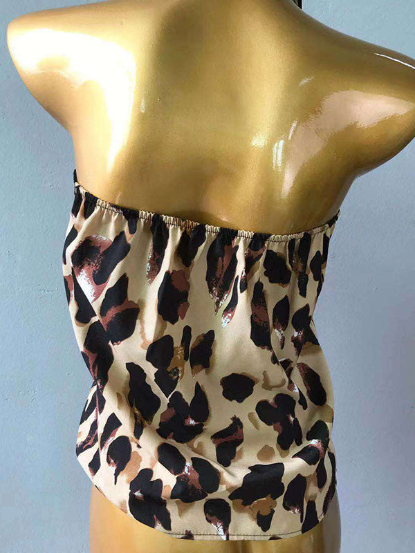 Loose Sleeveless Backless Leopard Pleated Split-Joint Halter-Neck Vest Top