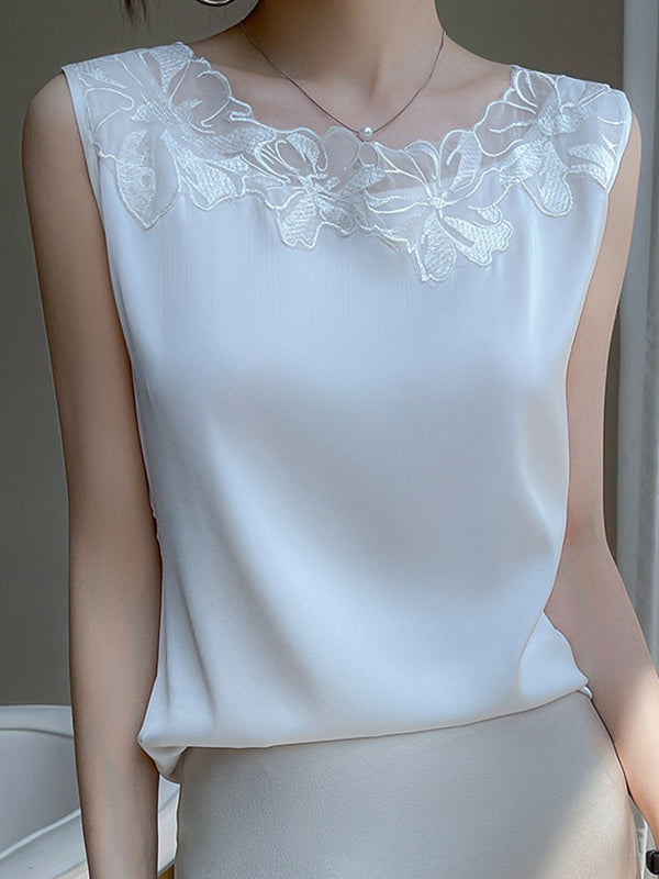 Loose Plus Size See-Through Solid Color Split-Joint Round-Neck Vest Top