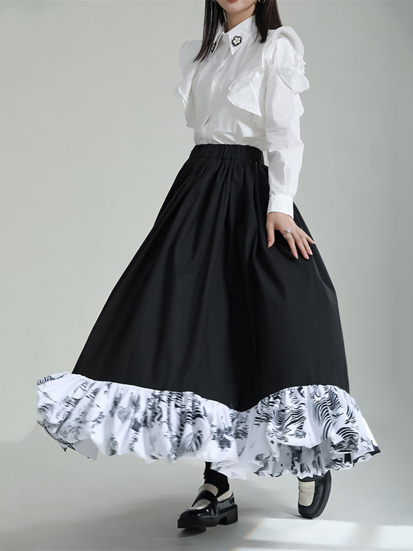 High Waisted Loose Asymmetric Elasticity Pleated Printed Ruffled Split-Joint Skirts Bottoms