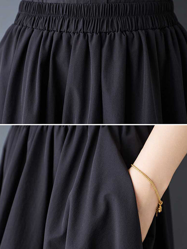 A-Line Loose Asymmetric Elasticity Pleated Pockets Solid Color Skirts Bottoms