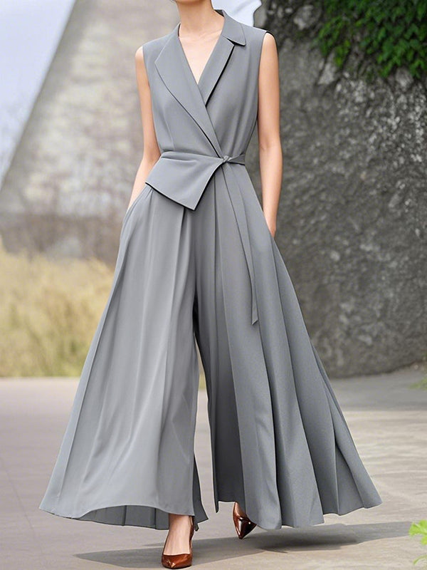 High Waisted Loose Pleated Pockets Solid Color Tied Notched Collar Jumpsuits