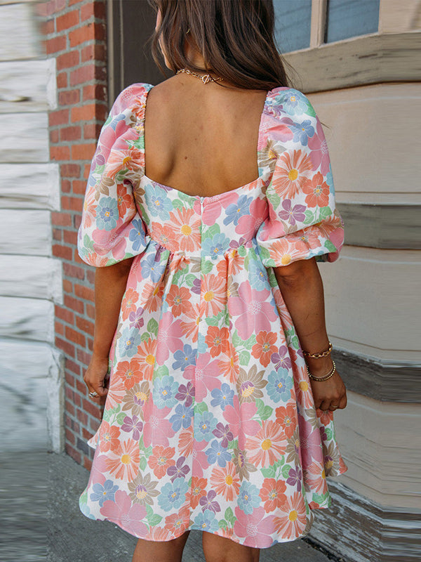 A-Line High Waisted Elasticity Flower Print Pleated Split-Joint Zipper Square-Neck Mini Dresses